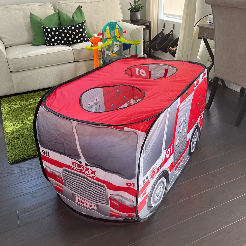 Fireman Play Combination - Pop Up fire truck, fireman outfit, and “flames” cape
